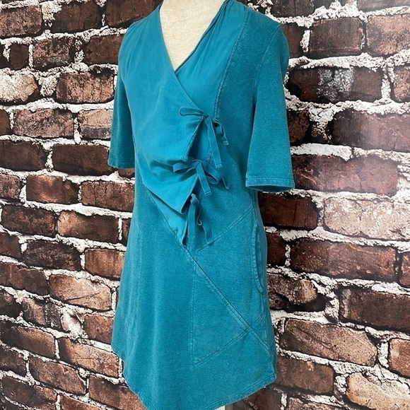Prairie Underground Wrap Dress Asymmetrical Mini Pockets Teal Ties Size XS - Picture 9 of 14